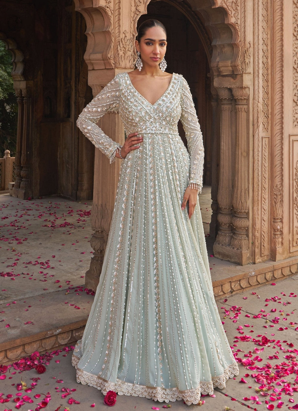 Sage Green Sequin And Pearl Embroidered Anarkali Nidhika Shekhar - Fabilicious Fashion