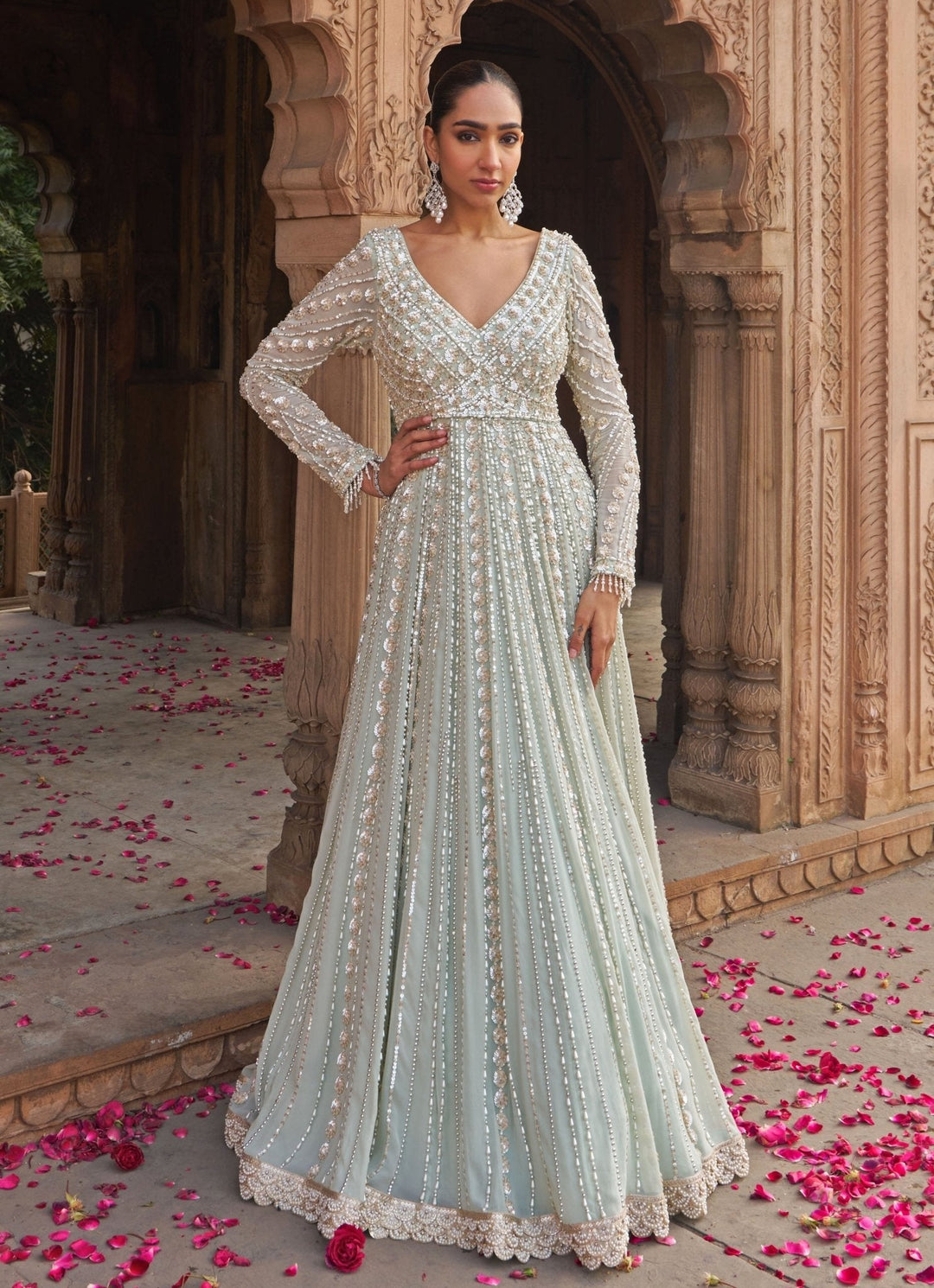 Sage Green Sequin And Pearl Embroidered Anarkali Nidhika Shekhar - Fabilicious Fashion