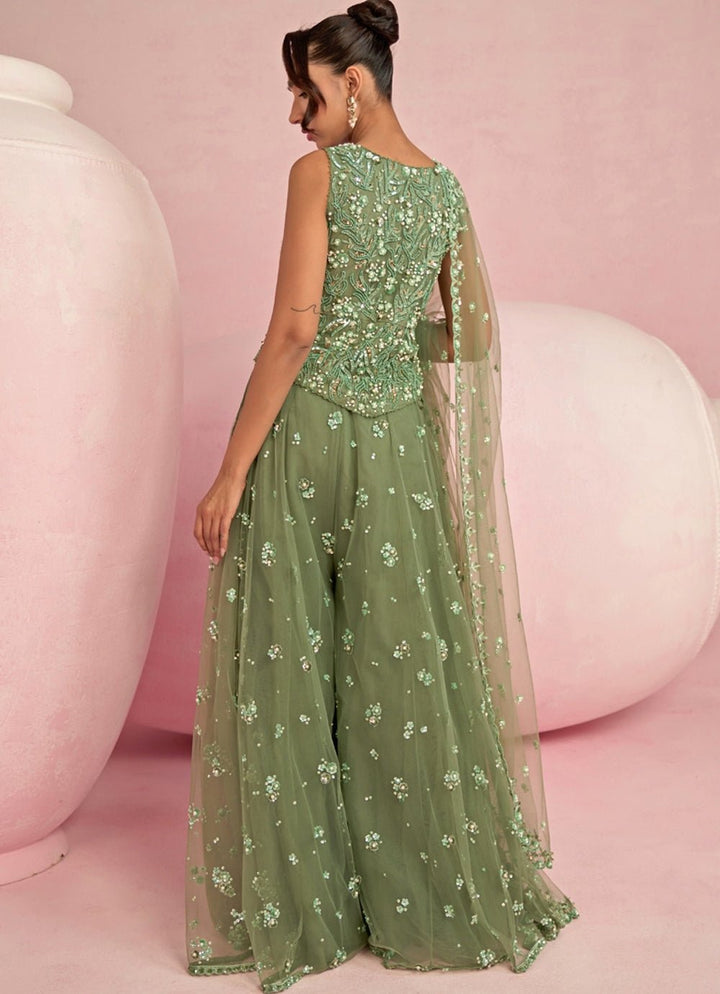 Sage Green Sequins Embroidered Jacket Sharara Set Prevasu - Fabilicious Fashion