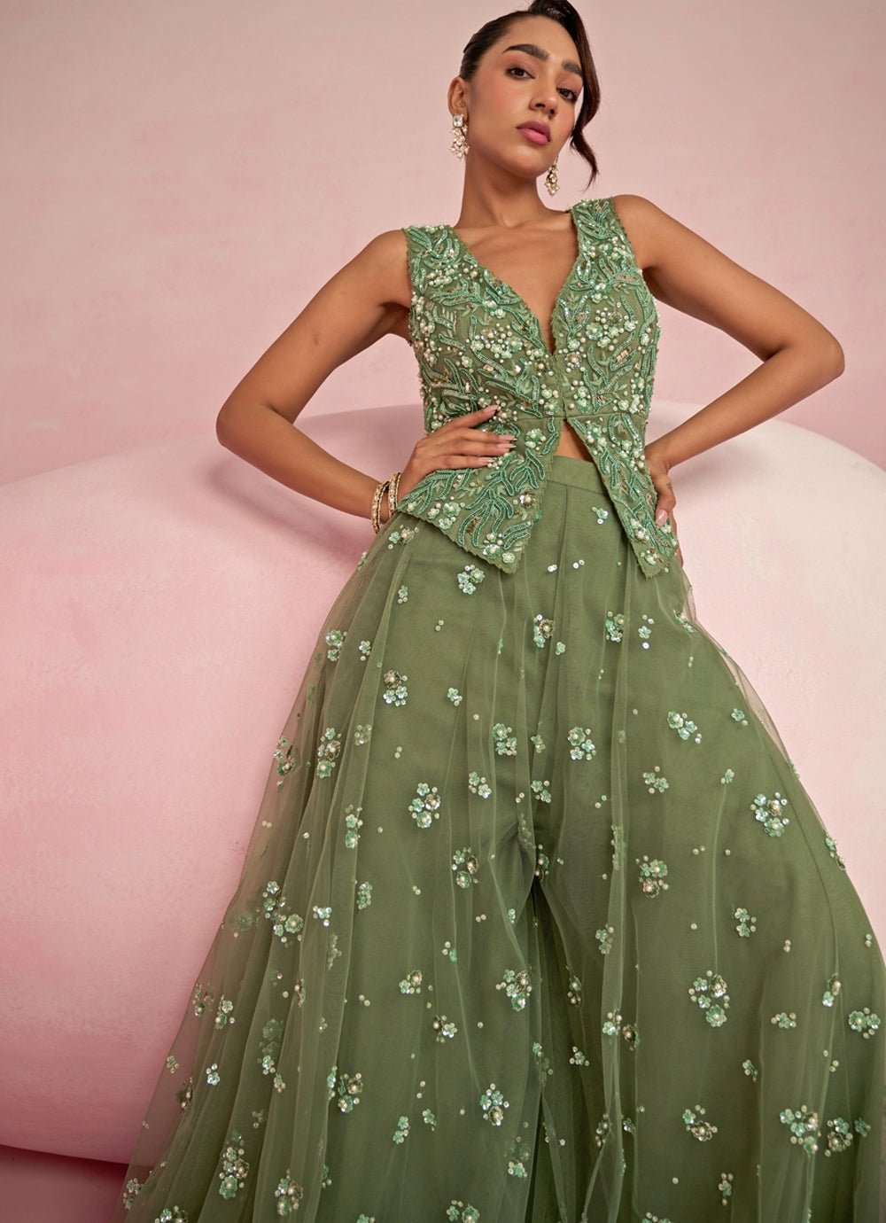 Sage Green Sequins Embroidered Jacket Sharara Set Prevasu - Fabilicious Fashion