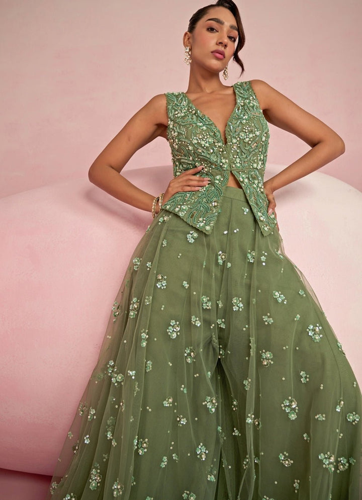 Sage Green Sequins Embroidered Jacket Sharara Set Prevasu - Fabilicious Fashion