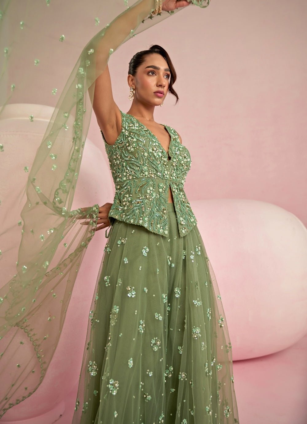 Sage Green Sequins Embroidered Jacket Sharara Set Prevasu - Fabilicious Fashion