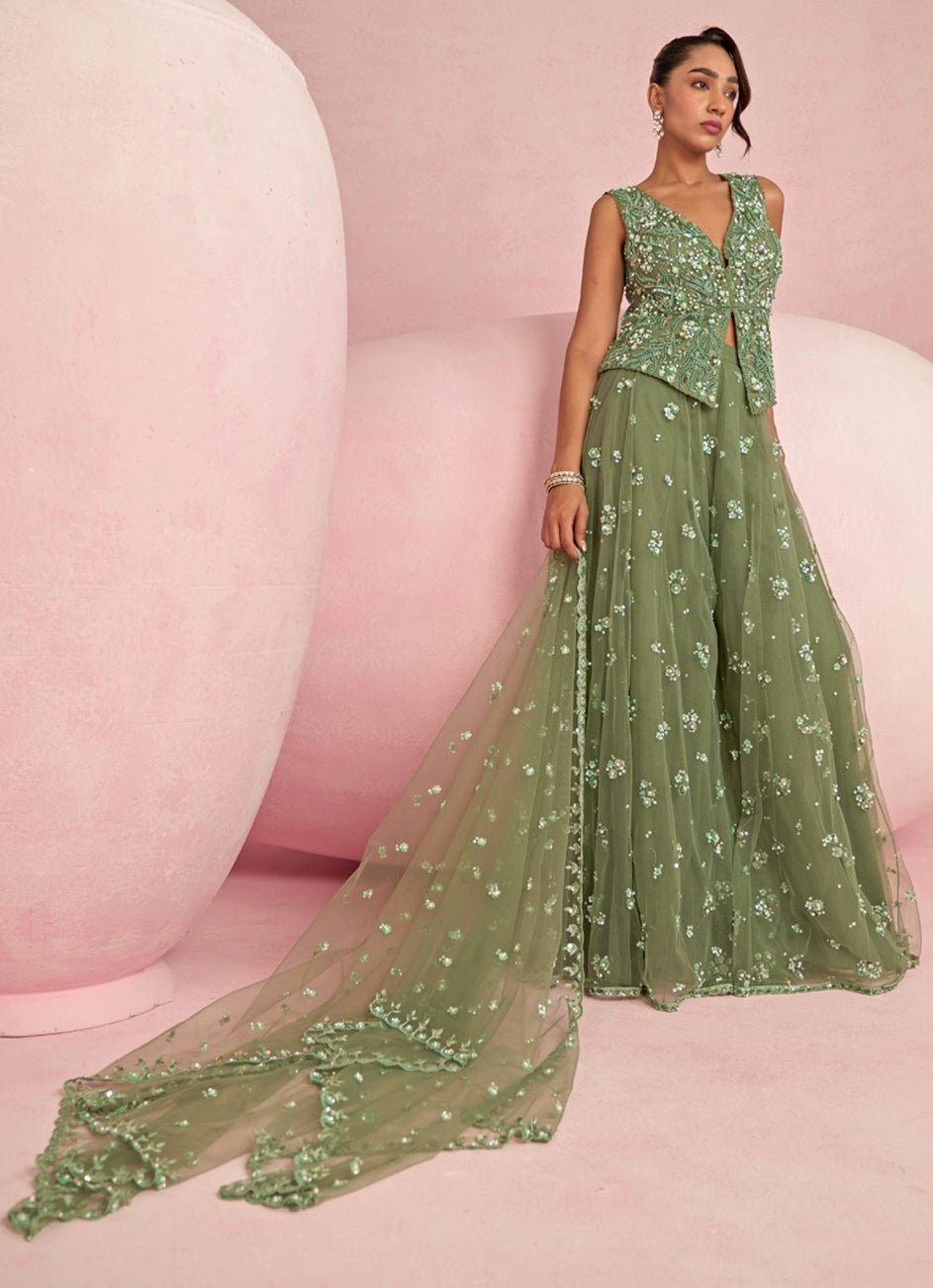 Sage Green Sequins Embroidered Jacket Sharara Set Prevasu - Fabilicious Fashion