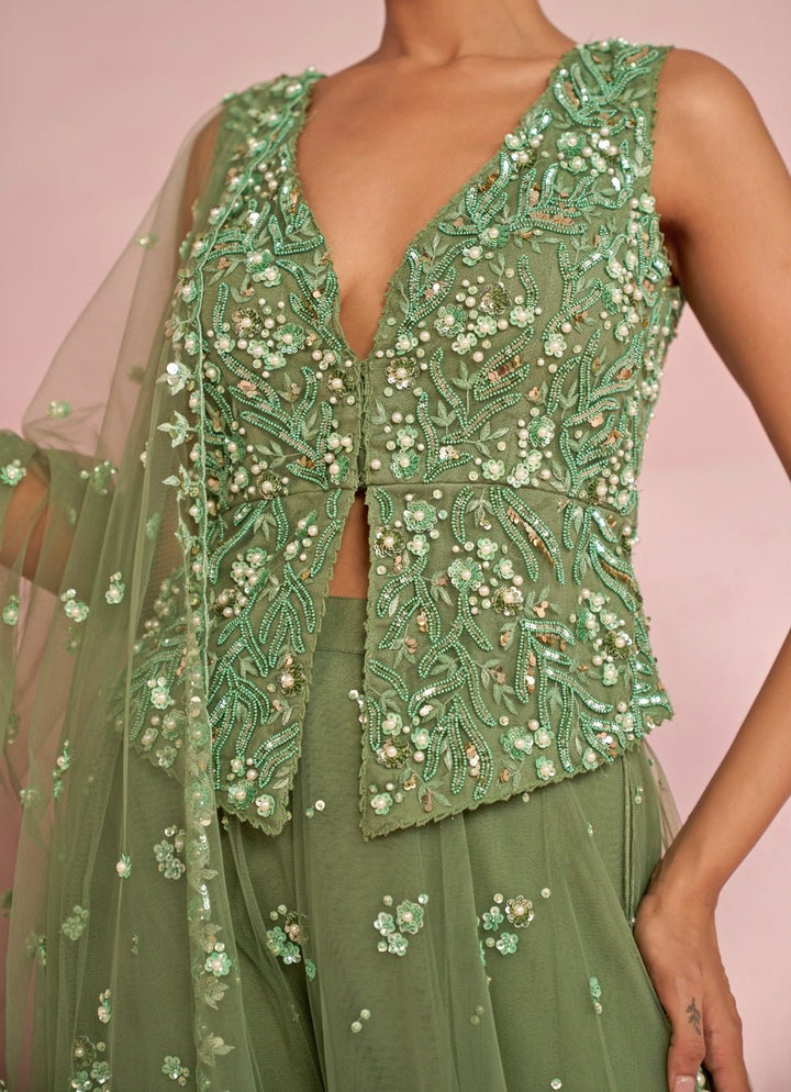 Sage Green Sequins Embroidered Jacket Sharara Set Prevasu - Fabilicious Fashion