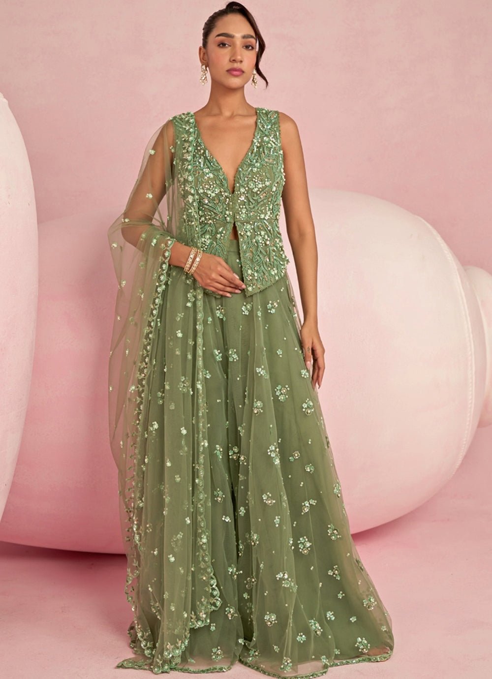 Sage Green Sequins Embroidered Jacket Sharara Set Prevasu - Fabilicious Fashion