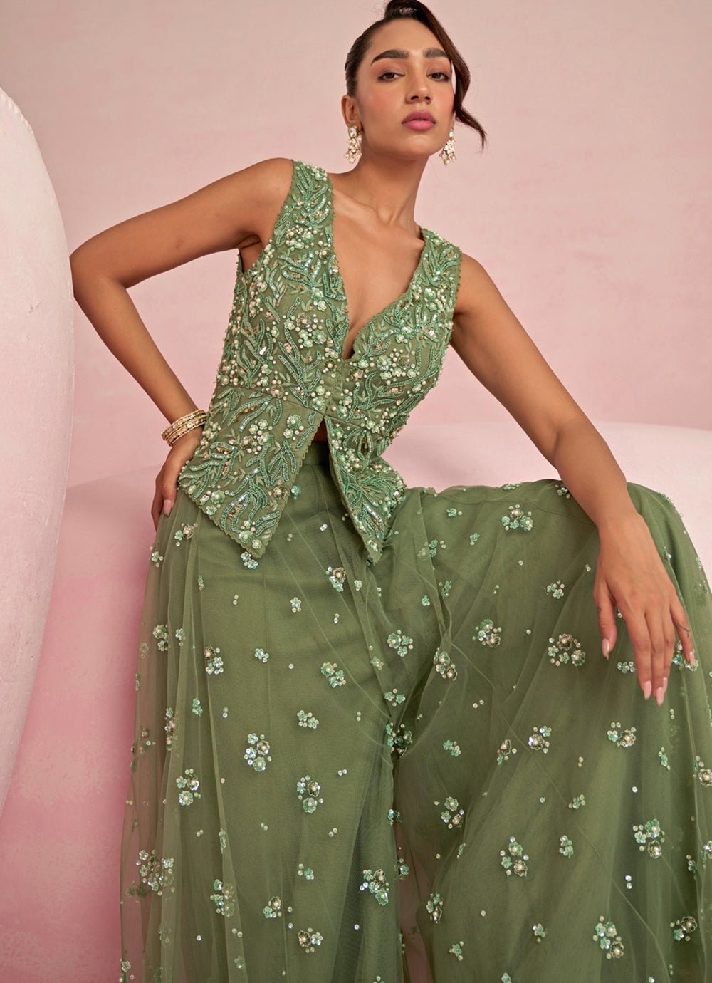 Sage Green Sequins Embroidered Jacket Sharara Set Prevasu - Fabilicious Fashion