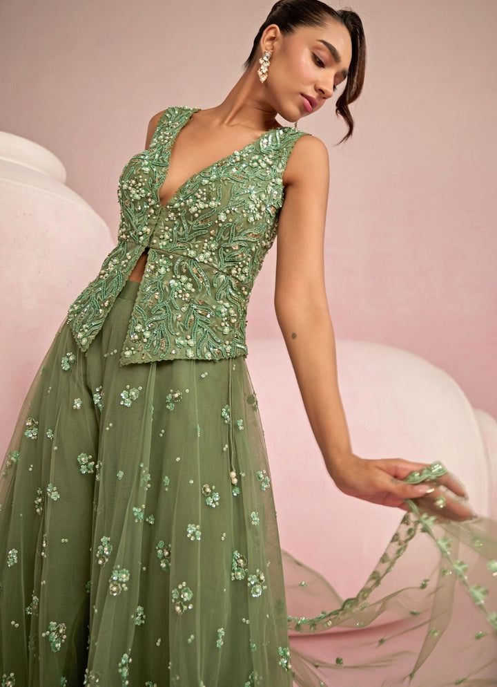 Sage Green Sequins Embroidered Jacket Sharara Set Prevasu - Fabilicious Fashion