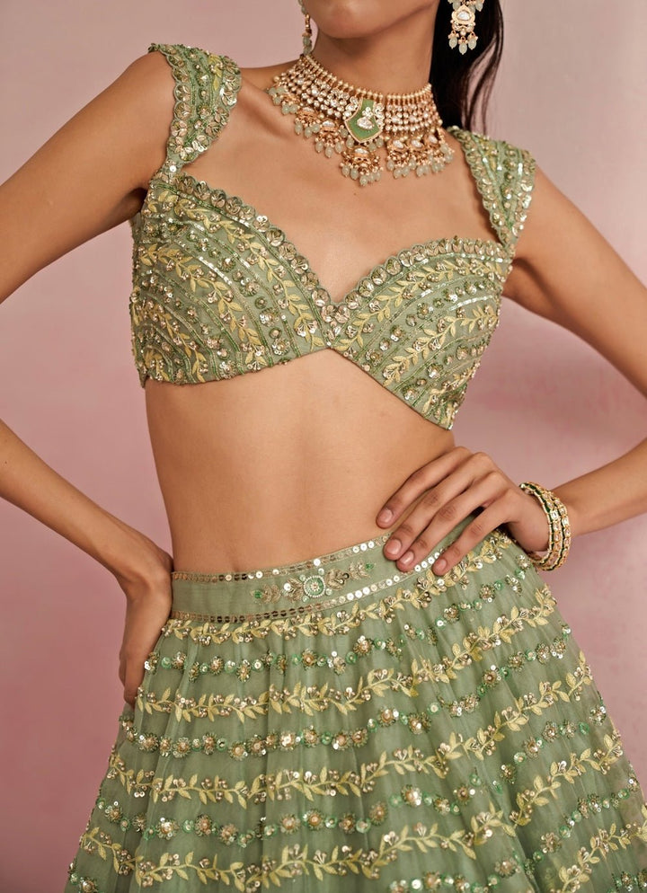 Sage Green Sequins Embroidered Organza Lehenga Set Prevasu - Fabilicious Fashion