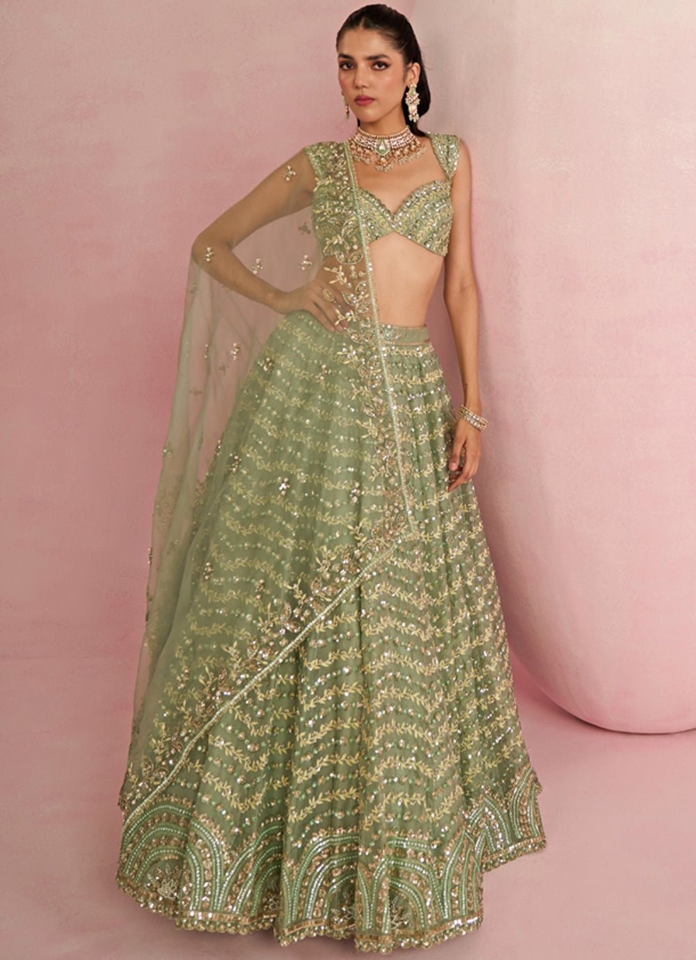 Sage Green Sequins Embroidered Organza Lehenga Set Prevasu - Fabilicious Fashion