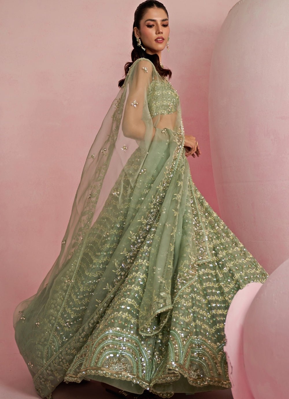 Sage Green Sequins Embroidered Organza Lehenga Set Prevasu - Fabilicious Fashion