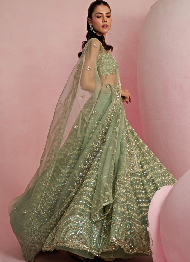 Sage Green Sequins Embroidered Organza Lehenga Set Prevasu - Fabilicious Fashion