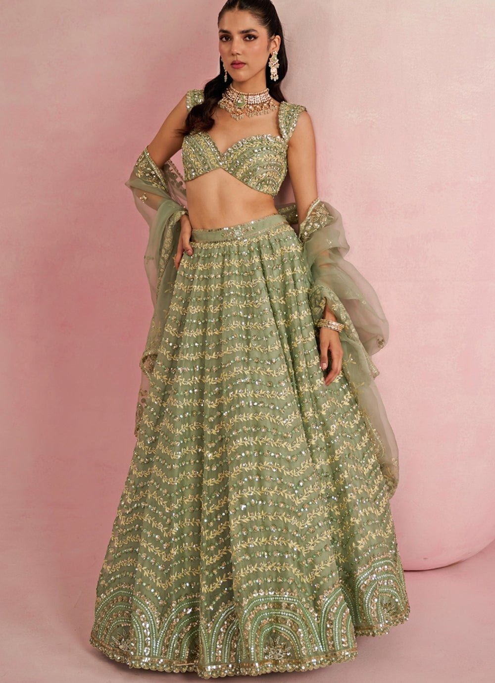 Sage Green Sequins Embroidered Organza Lehenga Set Prevasu - Fabilicious Fashion