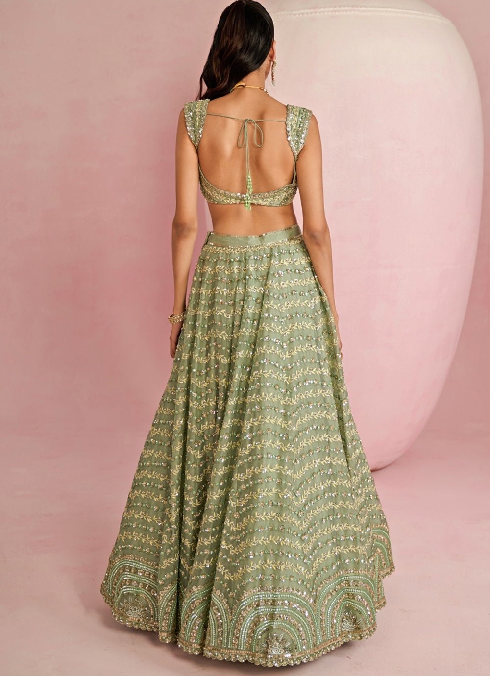 Sage Green Sequins Embroidered Organza Lehenga Set Prevasu - Fabilicious Fashion