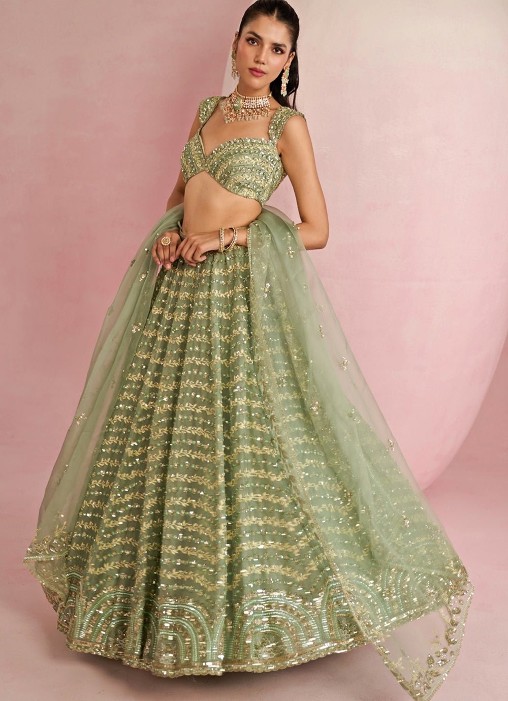 Sage Green Sequins Embroidered Organza Lehenga Set Prevasu - Fabilicious Fashion
