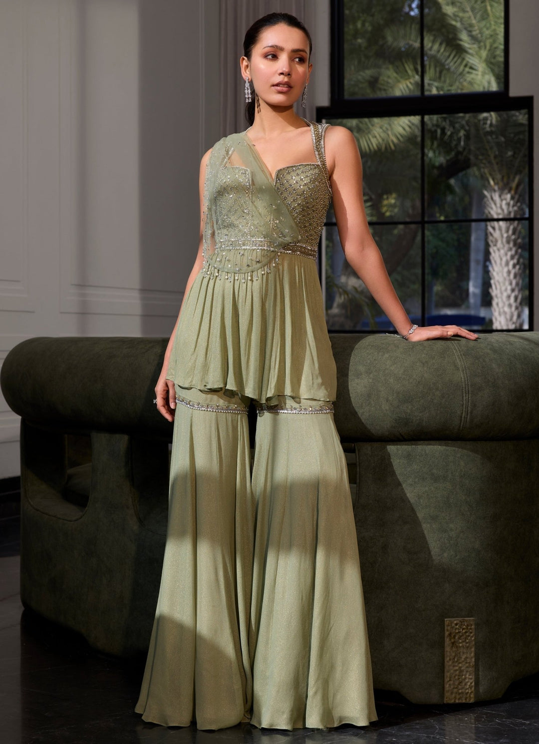 Sage Green Shimmer Georgette Peplum Kurta Sharara Set Sanya Gulati - Fabilicious Fashion