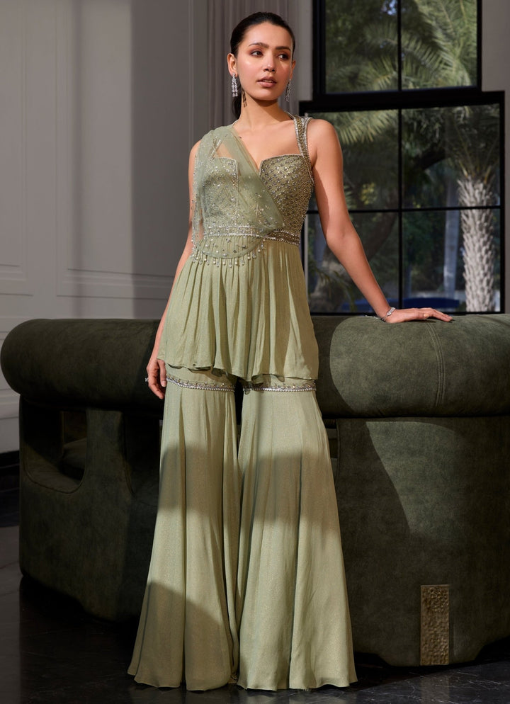 Sage Green Shimmer Georgette Peplum Kurta Sharara Set Sanya Gulati - Fabilicious Fashion