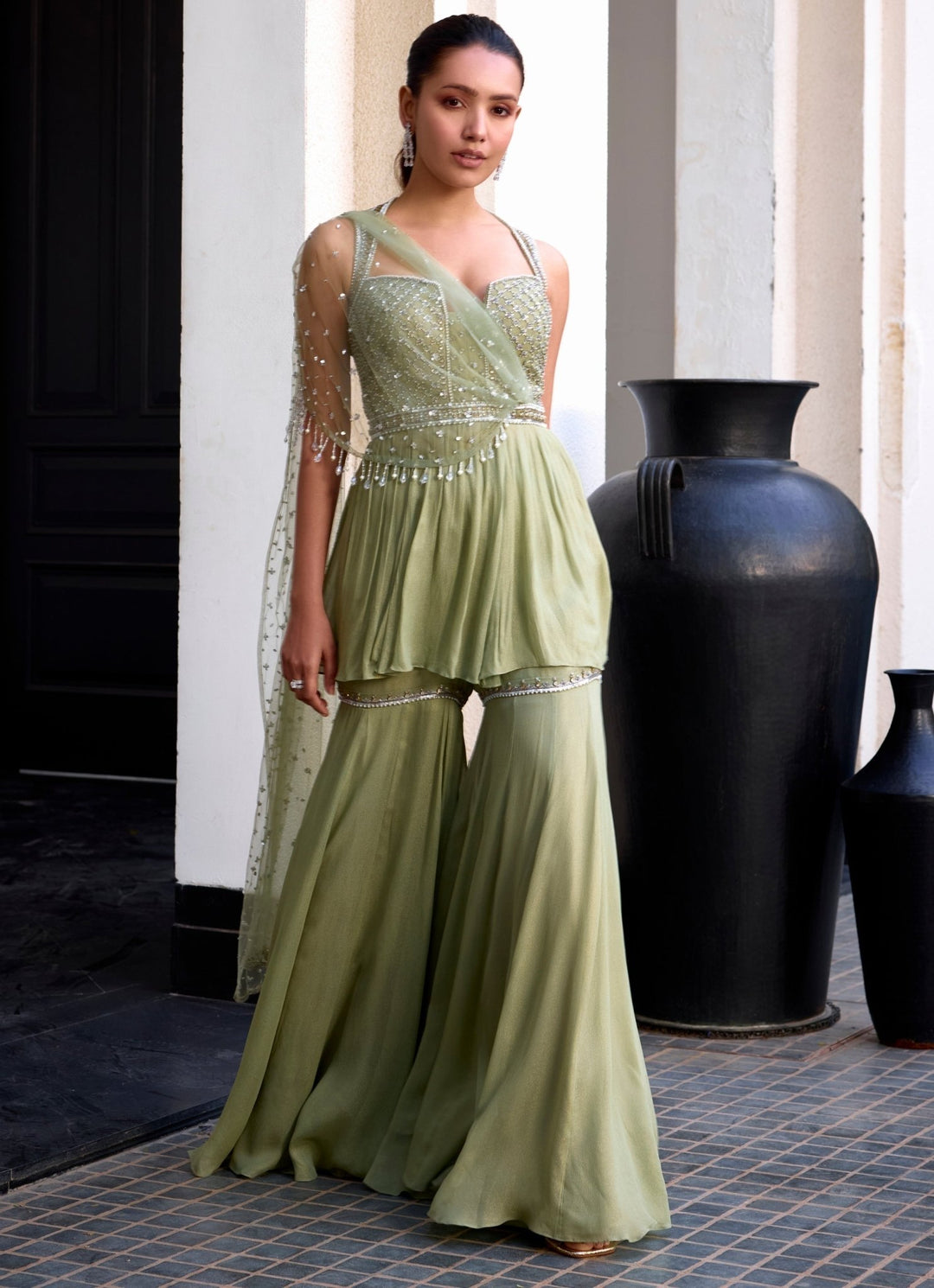 Sage Green Shimmer Georgette Peplum Kurta Sharara Set Sanya Gulati - Fabilicious Fashion