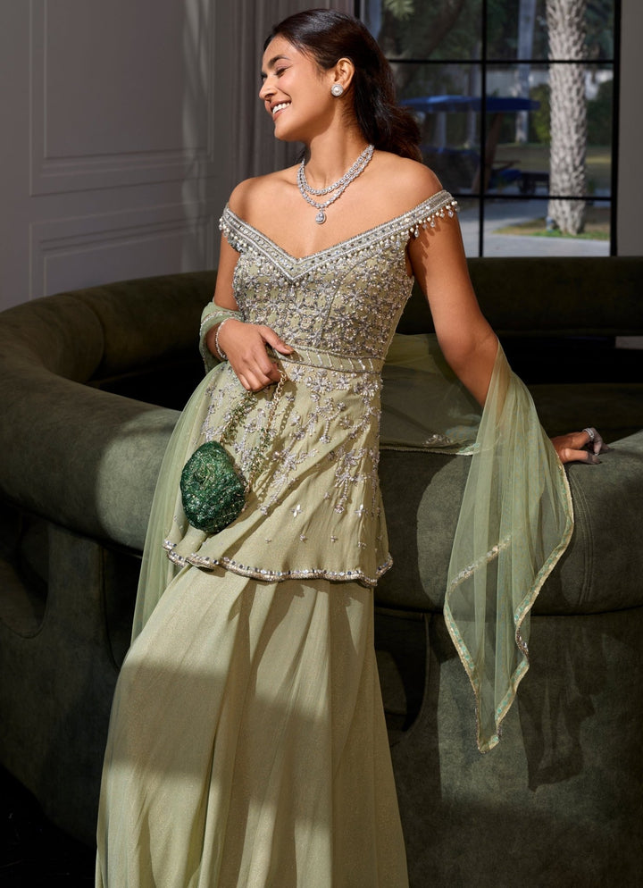 Sage Green Shimmer Georgette Peplum Kurta Sharara Set Sanya Gulati - Fabilicious Fashion