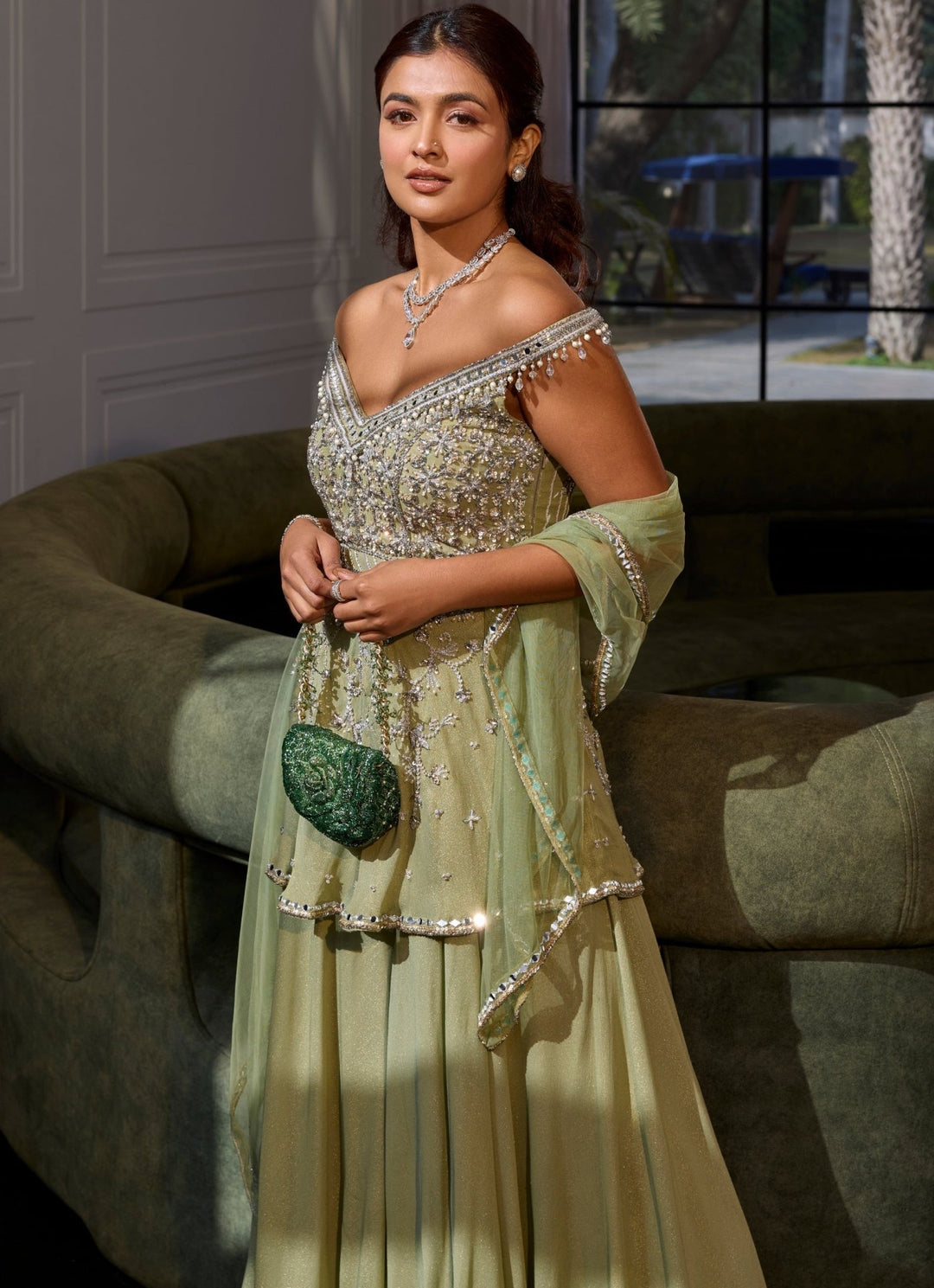 Sage Green Shimmer Georgette Peplum Kurta Sharara Set Sanya Gulati - Fabilicious Fashion