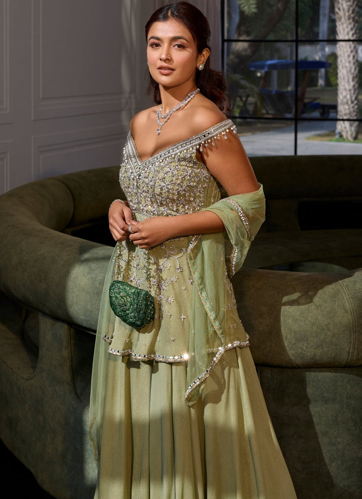 Sage Green Shimmer Georgette Peplum Kurta Sharara Set Sanya Gulati - Fabilicious Fashion