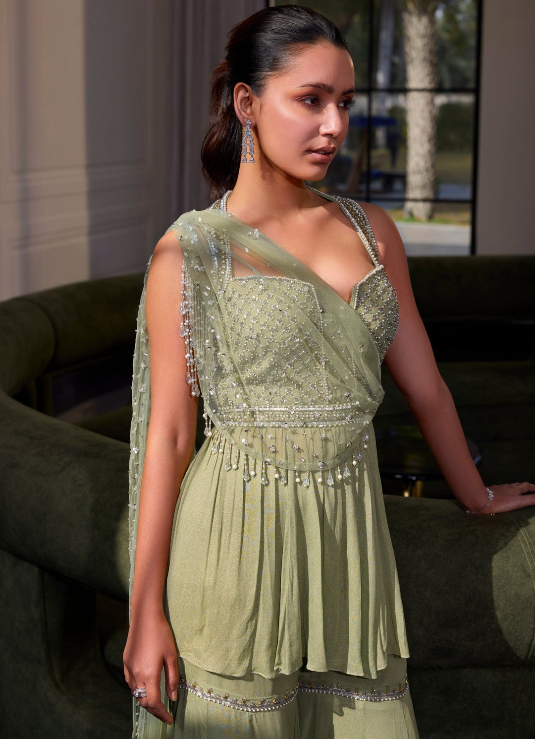 Sage Green Shimmer Georgette Peplum Kurta Sharara Set Sanya Gulati - Fabilicious Fashion