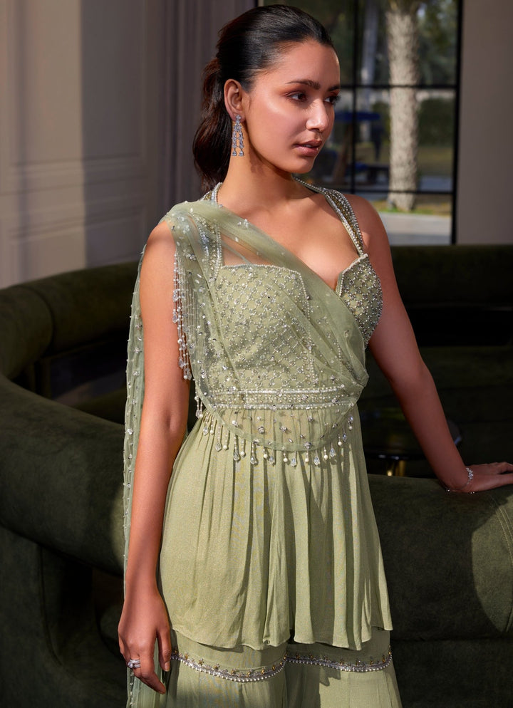 Sage Green Shimmer Georgette Peplum Kurta Sharara Set Sanya Gulati - Fabilicious Fashion