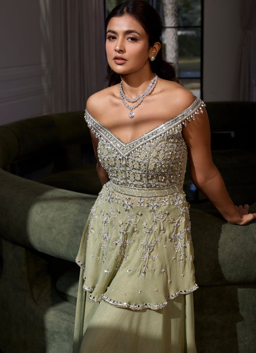 Sage Green Shimmer Georgette Peplum Kurta Sharara Set Sanya Gulati - Fabilicious Fashion