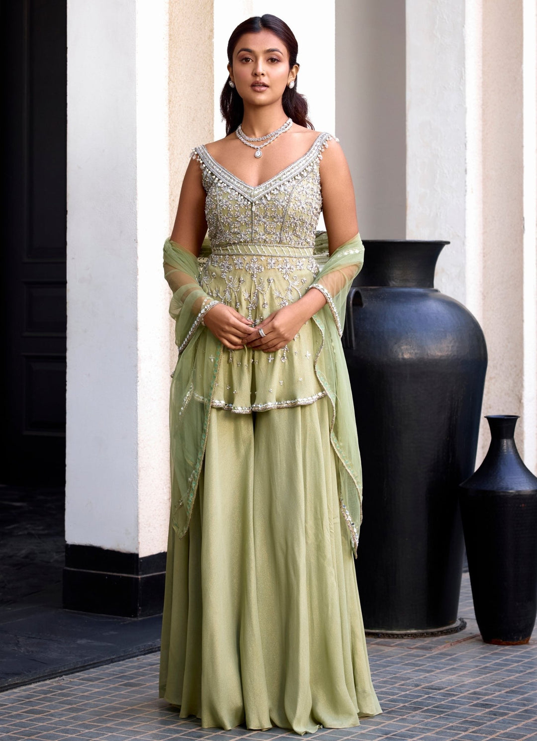 Sage Green Shimmer Georgette Peplum Kurta Sharara Set Sanya Gulati - Fabilicious Fashion