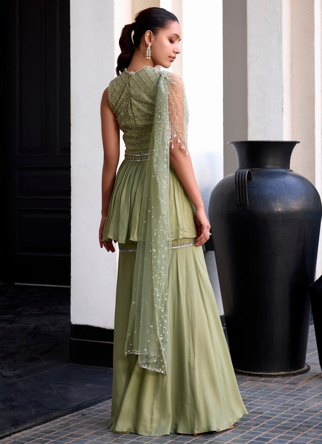 Sage Green Shimmer Georgette Peplum Kurta Sharara Set Sanya Gulati - Fabilicious Fashion