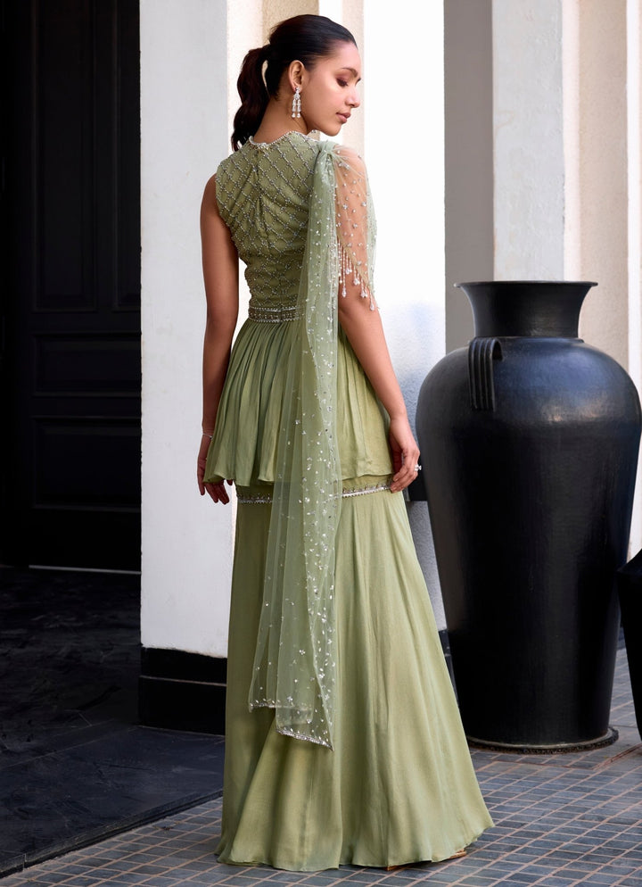 Sage Green Shimmer Georgette Peplum Kurta Sharara Set Sanya Gulati - Fabilicious Fashion