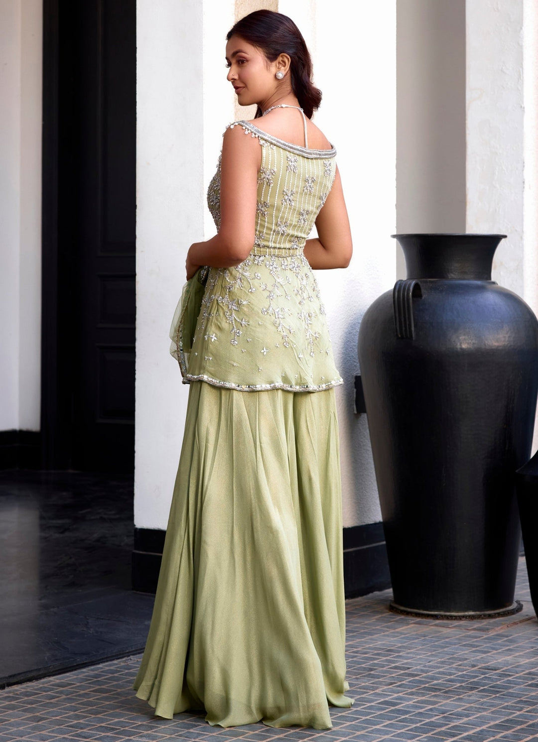 Sage Green Shimmer Georgette Peplum Kurta Sharara Set Sanya Gulati - Fabilicious Fashion