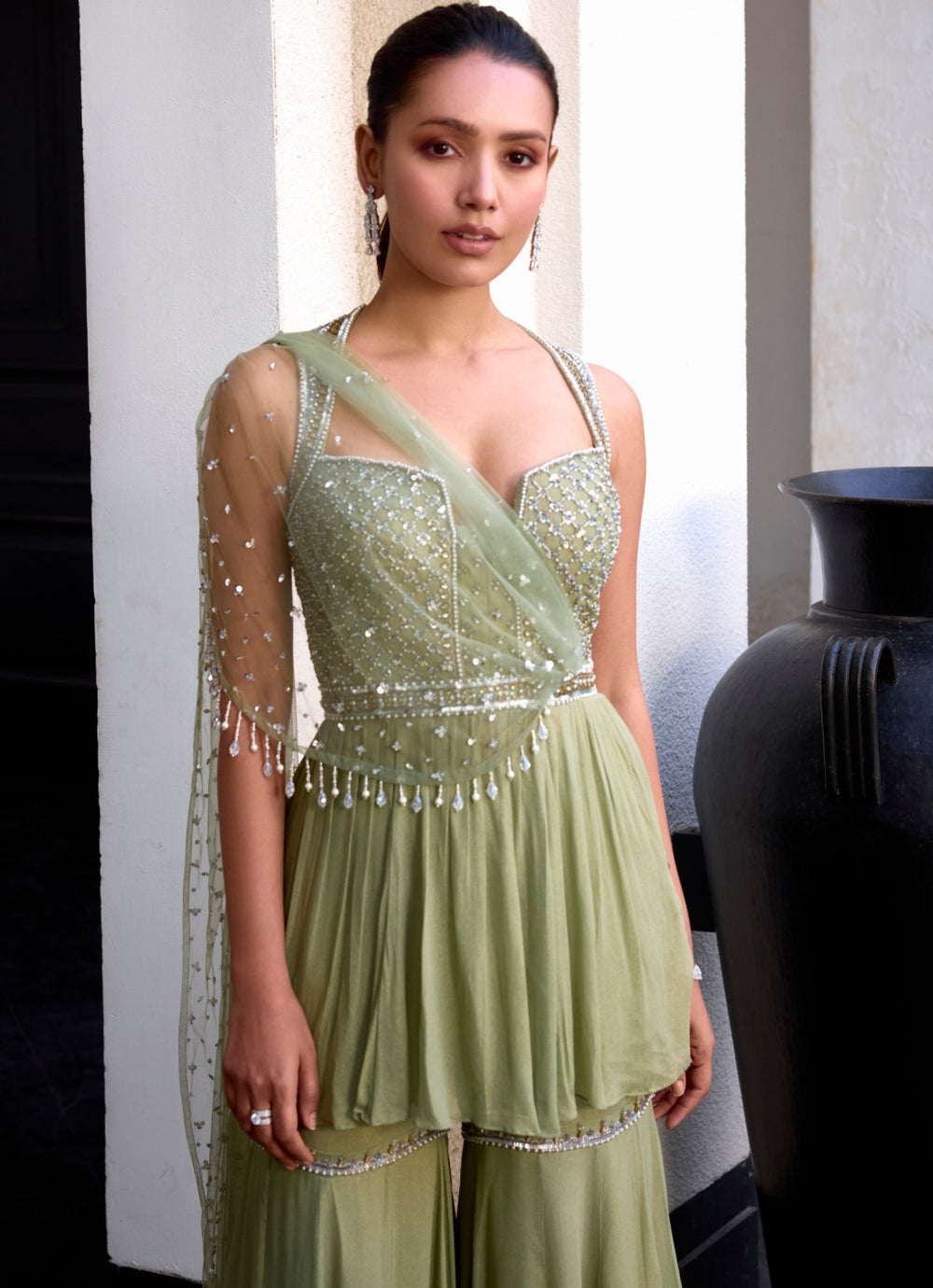 Sage Green Shimmer Georgette Peplum Kurta Sharara Set Sanya Gulati - Fabilicious Fashion