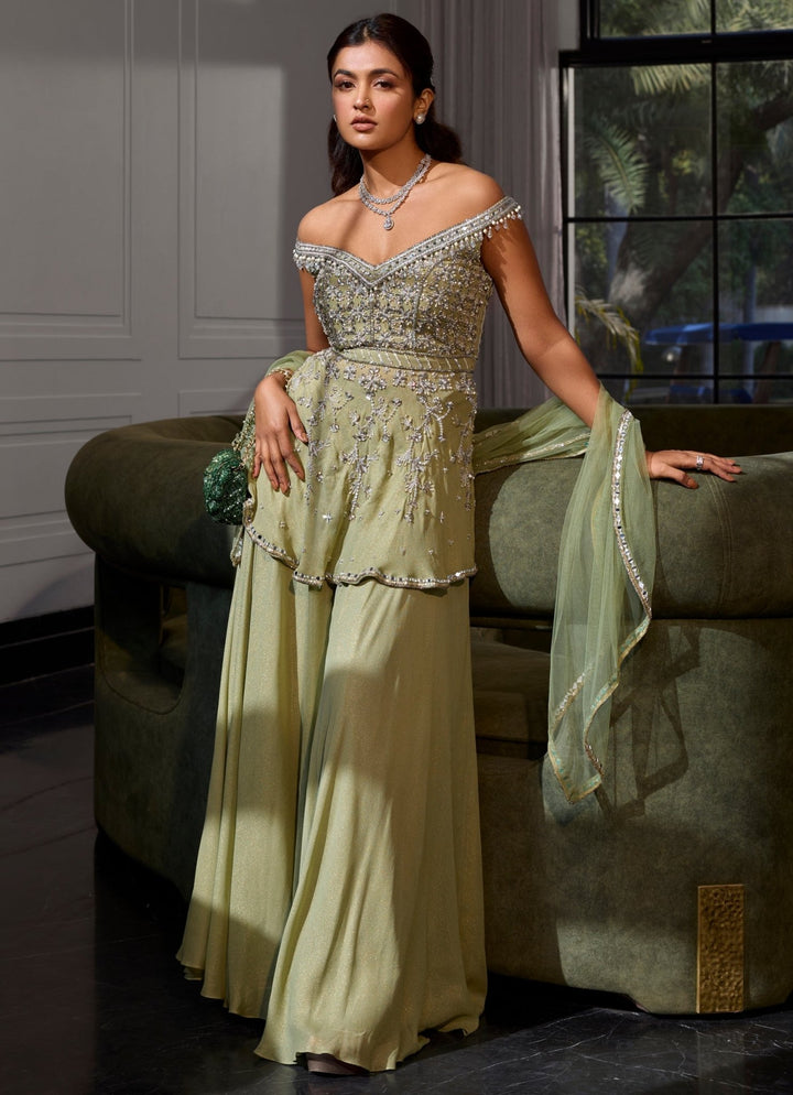 Sage Green Shimmer Georgette Peplum Kurta Sharara Set Sanya Gulati - Fabilicious Fashion