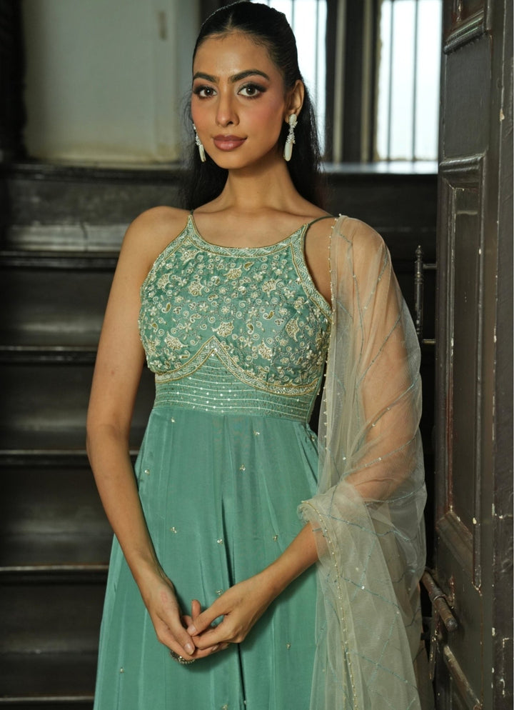 Sage Green Silk Anarkali Set With Off White Dupatta Enamour by Radha - Fabilicious Fashion