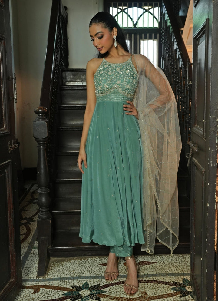 Sage Green Silk Anarkali Set With Off White Dupatta Enamour by Radha - Fabilicious Fashion