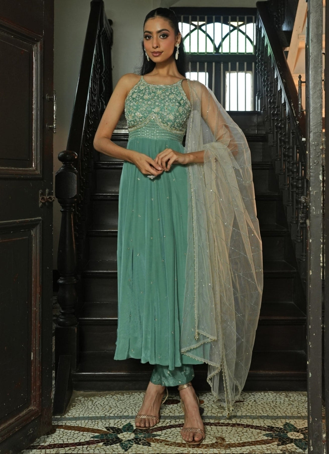 Sage Green Silk Anarkali Set With Off White Dupatta Enamour by Radha - Fabilicious Fashion