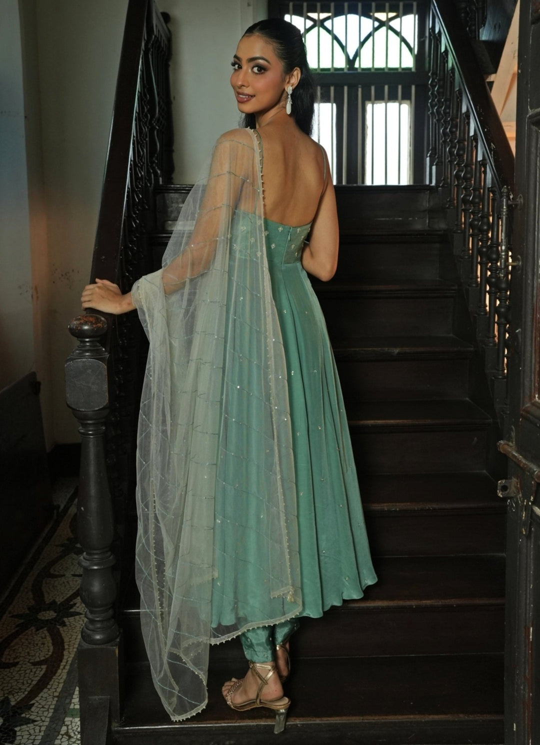 Sage Green Silk Anarkali Set With Off White Dupatta Enamour by Radha - Fabilicious Fashion