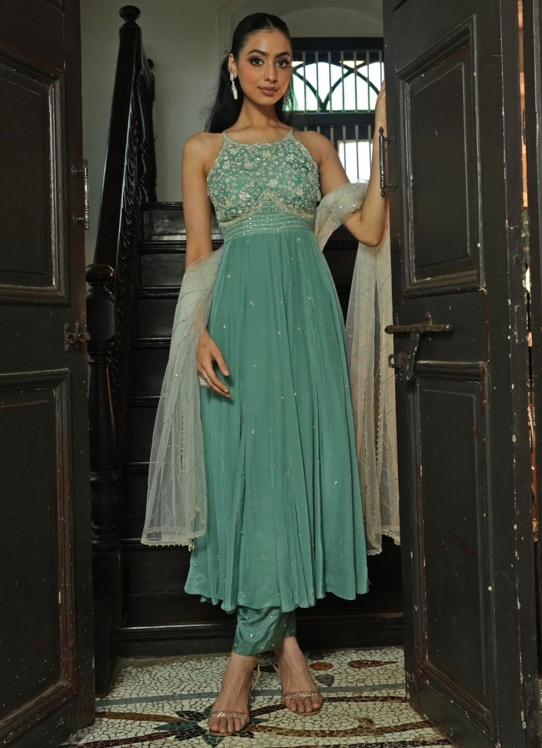 Sage Green Silk Anarkali Set With Off White Dupatta Enamour by Radha - Fabilicious Fashion