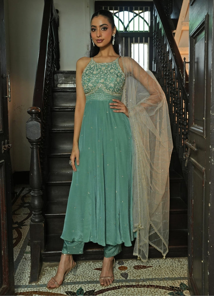 Sage Green Silk Anarkali Set With Off White Dupatta Enamour by Radha - Fabilicious Fashion
