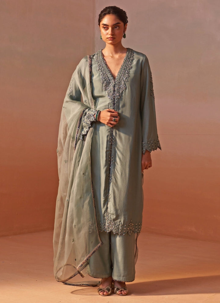 Nitika Gujral Sage Green Silk Kurta Palazzos SetFabilicious Fashion