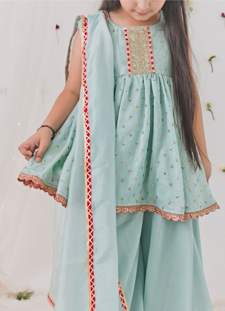 Sage Green Silk Kurta Sharara Set Chotibuti - Fabilicious Fashion
