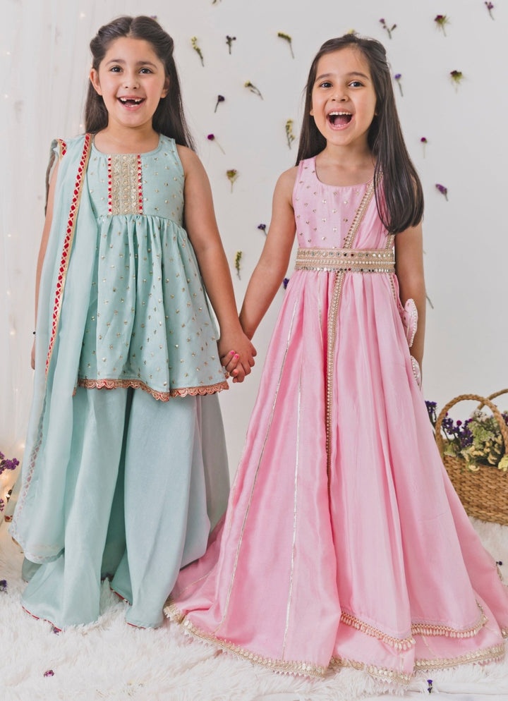 Sage Green Silk Kurta Sharara Set Chotibuti - Fabilicious Fashion