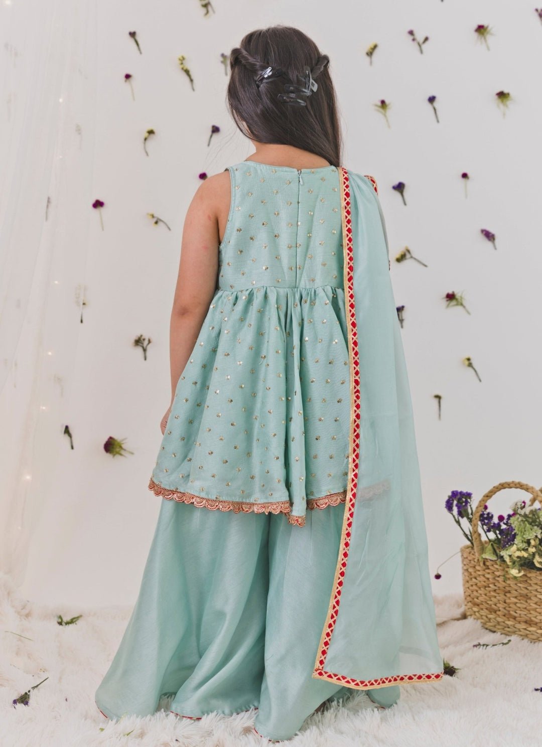 Sage Green Silk Kurta Sharara Set Chotibuti - Fabilicious Fashion