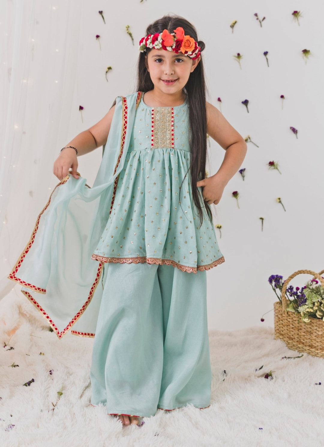 Sage Green Silk Kurta Sharara Set Chotibuti - Fabilicious Fashion