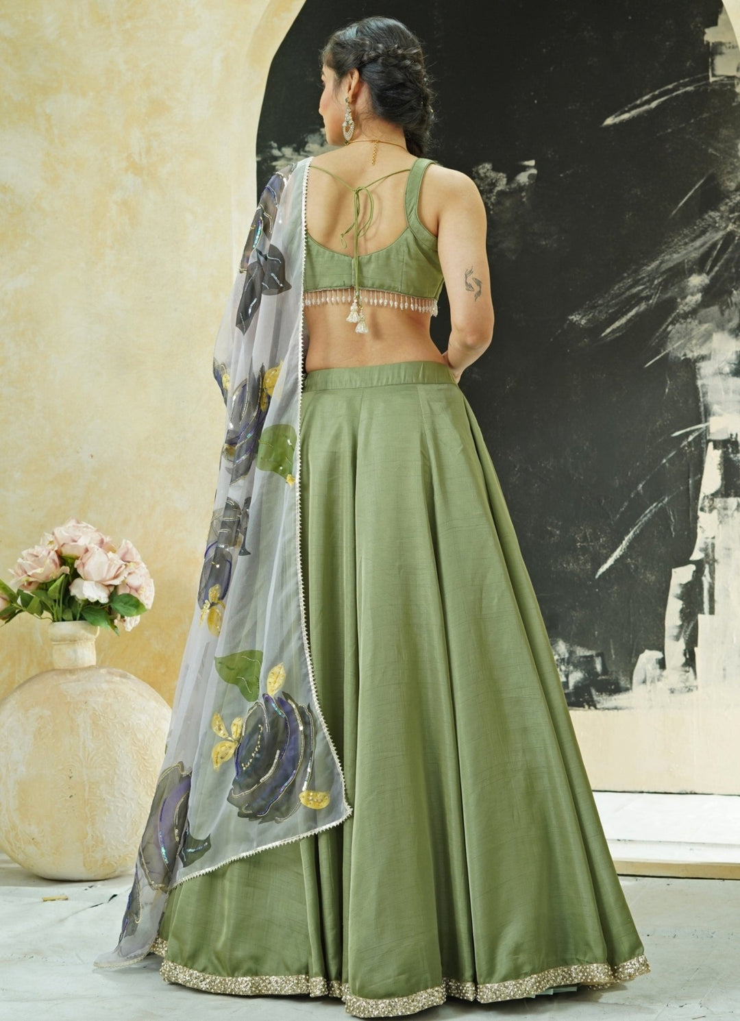 Sage Green Silk Lehenga Set With Hand Painted Dupatta Priti Sahni - Fabilicious Fashion