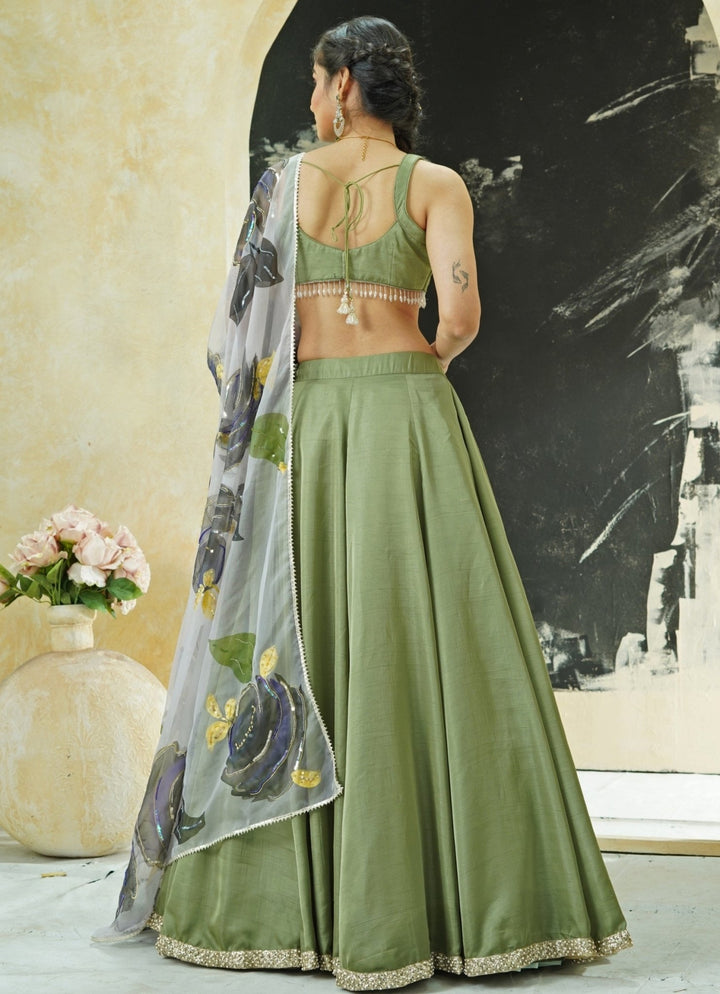 Sage Green Silk Lehenga Set With Hand Painted Dupatta Priti Sahni - Fabilicious Fashion