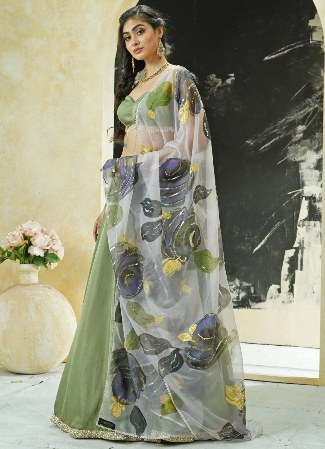 Sage Green Silk Lehenga Set With Hand Painted Dupatta Priti Sahni - Fabilicious Fashion