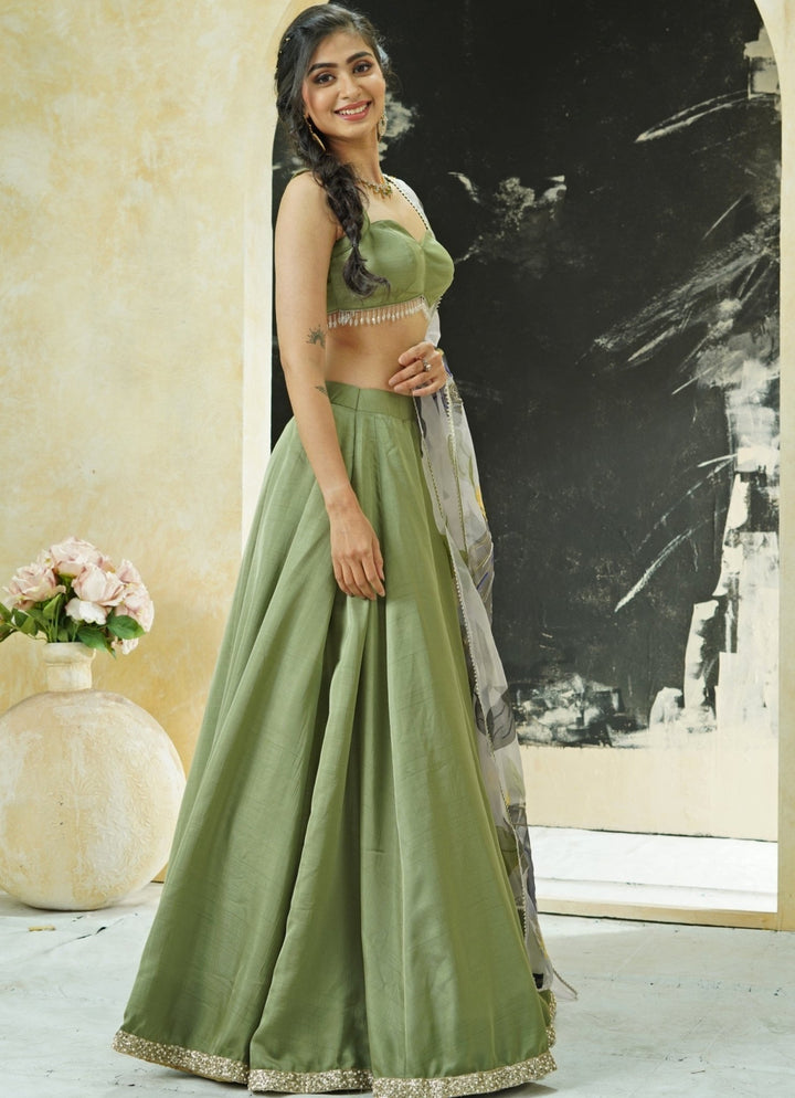 Sage Green Silk Lehenga Set With Hand Painted Dupatta Priti Sahni - Fabilicious Fashion