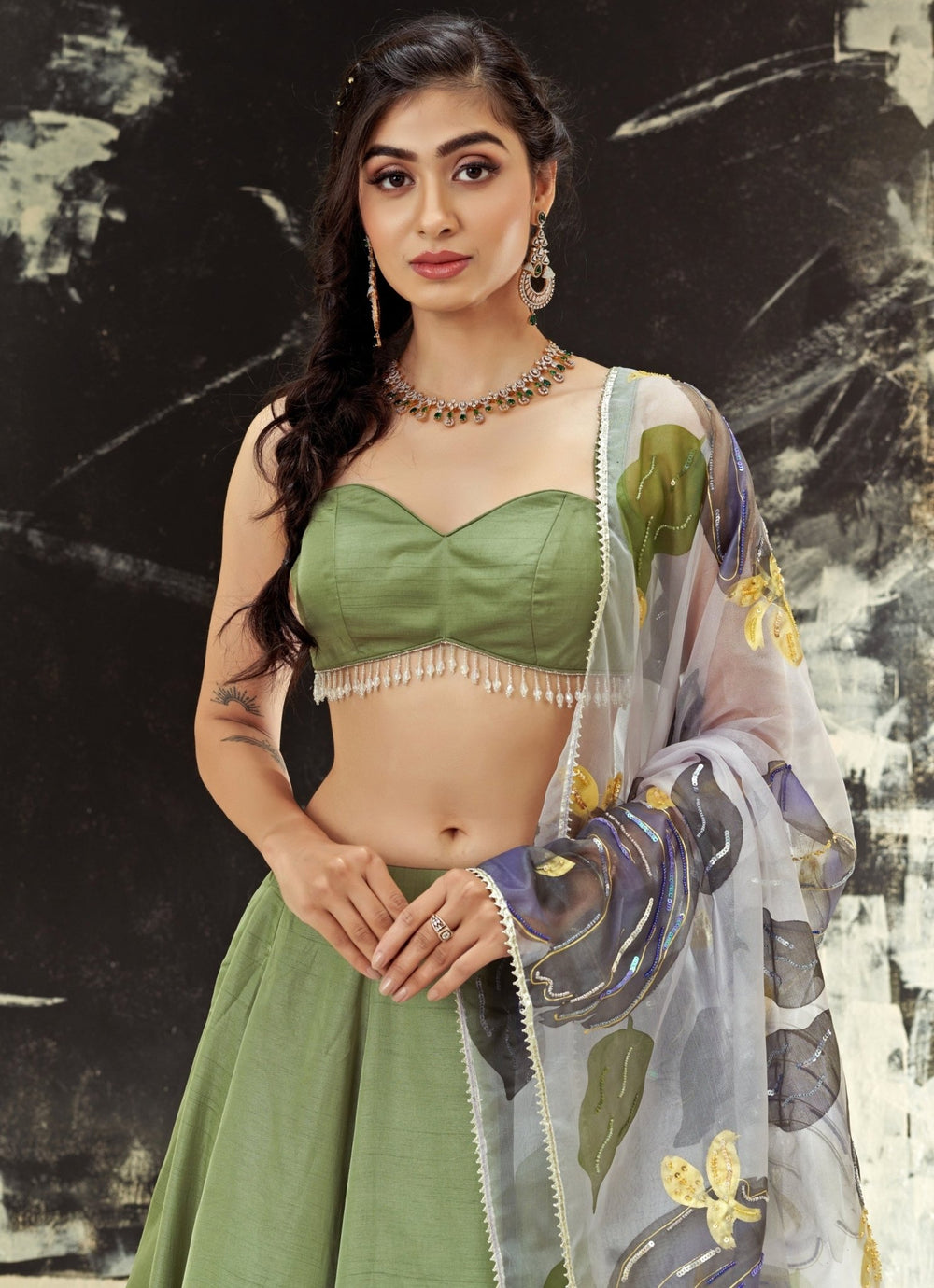 Sage Green Silk Lehenga Set With Hand Painted Dupatta Priti Sahni - Fabilicious Fashion