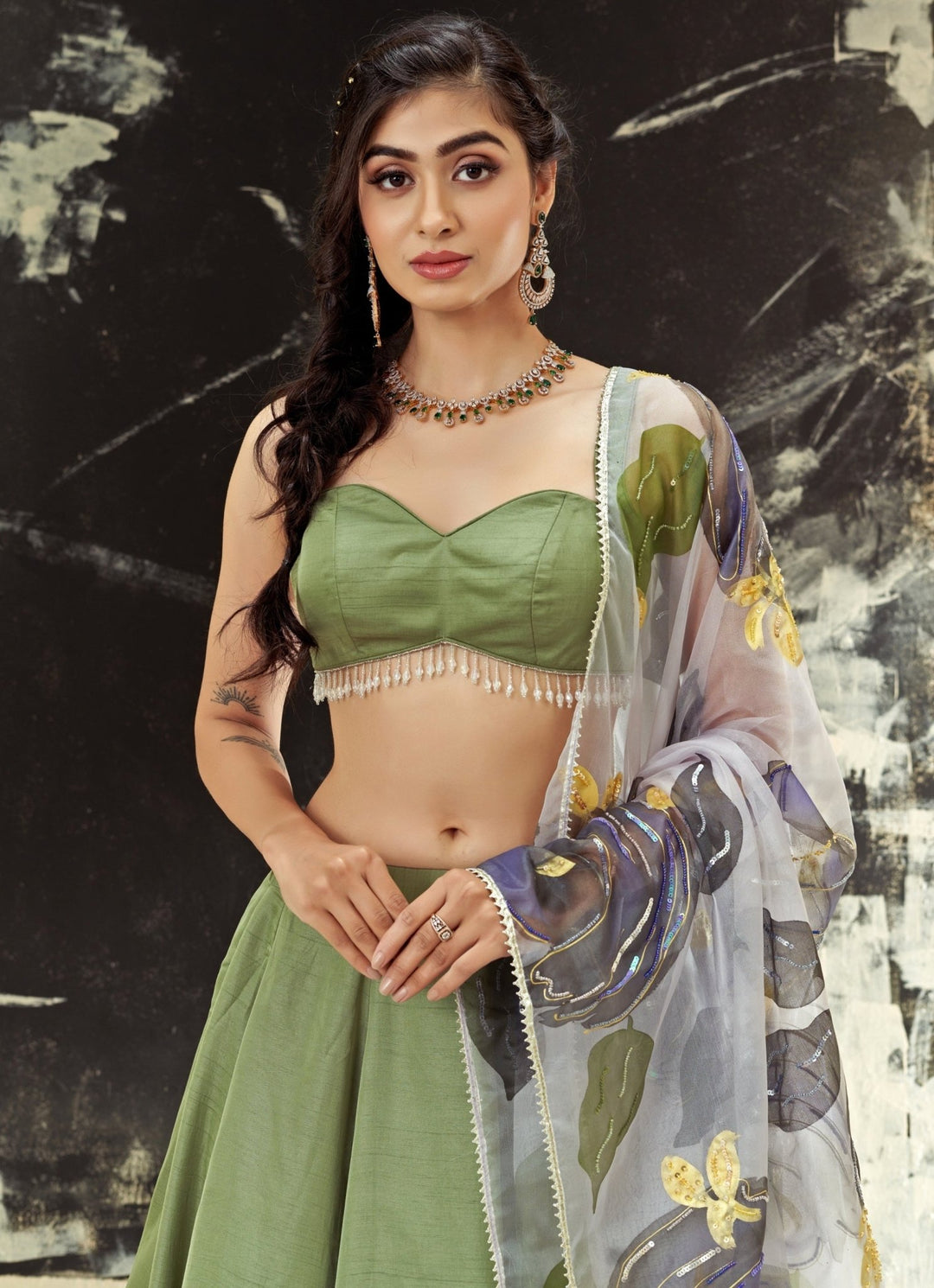 Sage Green Silk Lehenga Set With Hand Painted Dupatta Priti Sahni - Fabilicious Fashion